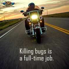 a man riding a motorcycle down the middle of a road next to a sign that says killing bugs is a full - time job