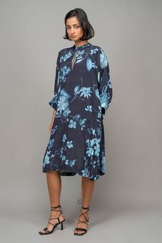 Blue dress with garden print, kimono sleeves and pleated back. - Aza Fashions Spring Viscose Dress With Pleated Sleeves, Blue Summer Dresses With Pleated Sleeves, Blue Midi Dress With Pleated Sleeves For Spring, Blue Floral Print Viscose Dress, Blue Floral Print Midi Dress In Viscose, Blue Floral Print Viscose Midi Dress, Blue Printed Viscose Dresses, Studio Blue, Kimono Sleeves