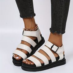 Category:Sandals; Upper Materials:PU; Season:Summer; Heel Type:Wedge,Platform; Gender:Women's; Size Suggestion:Please refer to the size chart to place an order; Activity:Walking; Toe Shape:Open Toe; Style:Casual,Vacation; Outsole Materials:Rubber; Occasion:Vacation,Outdoor,Beach; Closure Type:Ankle Strap; Listing Date:06/05/2024; Production mode:External procurement; 2024 Trends:Platform Sandals; Size chart date source:Provided by Supplier. Block Shoes, Roman Sandals, Round Toe Shoes, Sandal Platform, Open Toe Shoes, Sole Shoes, Sport Sandals, Beach Sandals, Womens Shoes Wedges