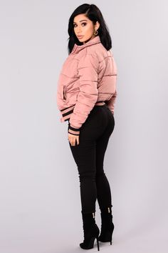 Available In Light Pink Outerwear Strip Trim Detail Puffer Bomer Jacket Shell: 100% Polyester Lining: 100% Polyester Rib: 97% Polyester 3%Spandex Padding: 100% Polyester Imported | Mrs. Jackson Puffer Jacket in Pink size Small by Fashion Nova Pink Stretch Winter Outerwear, Pink Athleisure Outerwear With Ribbed Cuffs, Fall Athleisure Puffer Jacket, Athleisure Long Sleeve Puffer Jacket For Fall, Spring Athleisure Long Sleeve Puffer Jacket, Long Sleeve Athleisure Puffer Jacket For Fall, Spring Long Sleeve Athleisure Puffer Jacket, Trendy Stretch Hooded Outerwear, Winter Stretch Outerwear With Ribbed Cuffs