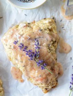 lavender sprinkled scones on top of white paper