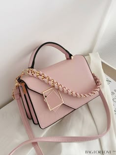 BagForLove - Compact Flap Bag with Stylish Metal and Chain Embellishments Handheld Bags With Chain Strap, Square Bags With Chain Strap For Shopping, Pink Rectangular Chain Bag, Pink Rectangular Bag With Chain, Rectangular Pink Bag With Chain, Pink Rectangular Bag With Chain Detail, Square Bag With Gold Chain For Daily Use, Handheld Satchel With Chain Strap For Shopping, Handheld Box Bag With Chain Strap For Shopping