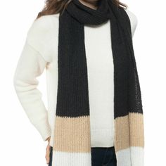 Style Co Black White Tan Soft Knit Rib Colorblock Striped Muffler Women's Scarf Size: One Size Color: Black/White/Tan Approx. Dimensions: 72" X 10" Colorblocked Stripes Created For Macy's Acrylic/Nylon/Spandex Hand Wash Imported Cold Weather Acrylic Scarves, Warm Black Scarves For Cold Weather, Black Winter Scarves, Warm Black Scarf For Fall, Black Winter Scarves For Cold Weather, Warm Black Scarves For Fall, Warm Black Winter Scarf, Casual Black Warm Scarves, Casual Warm Black Scarves