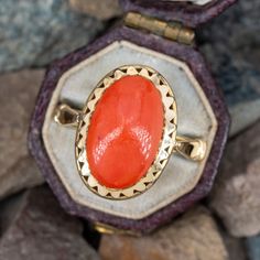 This vibrant vintage 18k yellow gold ring features a bezel set natural oval coral cabochon with a pierced oval bezel border. The ring is currently size 7. Yellow Gold Signet Ring With Oval Cabochon Bezel Setting, Yellow Gold Oval Cabochon Signet Ring With Bezel Setting, Art Deco Oval Cabochon Rings, Elegant Oval Coral Rings, Elegant Coral Oval Rings, Oval Yellow Gold Cabochon Enamel Ring, Luxury Yellow Gold Oval Enamel Ring, Luxury Yellow Gold Enamel Oval Ring, Gold Oval Enamel Ring With Cabochon