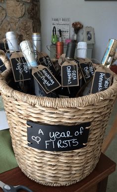 a basket filled with lots of items on top of a table