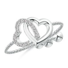 This double heart ring in 14k white gold is a lover's emblem. The plain open heart frame is intertwined with a diamond-studded heart frame. Designed with a bolo clasp, this ring is adjustable to fit most ring sizes. Valentine's Day Double Heart Rings, Double Heart Cubic Zirconia Ring For Valentine's Day, Elegant Double Heart Diamond Ring For Valentine's Day, Cubic Zirconia Double Heart Ring For Valentine's Day, Double Heart Diamond Ring As Gift, Elegant Double Heart Diamond Ring, Double Heart Ring For Valentine's Day, Valentine's Day White Gold Open Ring, Promise Double Heart Ring With Diamond Accents