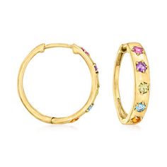 Ross-Simons - .32ct t. w. Multi-Gemstone Huggie Hoop Earrings in 14kt Yellow Gold. 1/2". RS Pure. Modern designs that complete your outfit and complement your personality. Add color to your day with these dainty huggie hoop earrings. They feature .32 ct. tot. gem wt. rhodolite garnet, blue topaz, amethyst, citrine and peridot rounds on simple 14kt yellow gold hoops. Hanging length is 1/2". Hinged post, multi-gemstone huggie hoop earrings. Peridot birthstones are the perfect gift for August birth Yellow Gold Sterling Silver Huggie Earrings With Birthstone, Yellow Gold Birthstone Huggie Earrings, Gemstone Hoop Earrings Fine Jewelry, Fine Jewelry Huggie Earrings With Birthstone, 14k Gold Gemstone Huggie Earrings, Yellow Gold Gemstone Huggie Earrings, Yellow Gold Birthstone Huggie Earrings For Anniversary, Anniversary Yellow Gold Huggie Earrings With Birthstone, 14k Yellow Gold Hoop Earrings With Gemstone