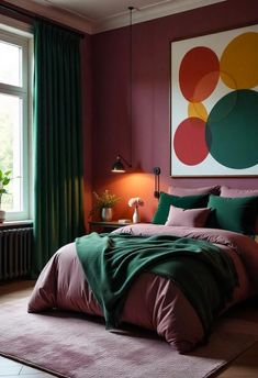 a bedroom with purple walls, green curtains and a large painting hanging above the bed