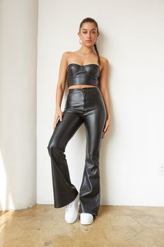 Edgy Wardrobe, Leather Bustier Top, Black Leather Crop Top, Leather Flare Pants, Black Flare Pants, Pleather Pants, Leather Crop Top, Leather Bustier, American Threads