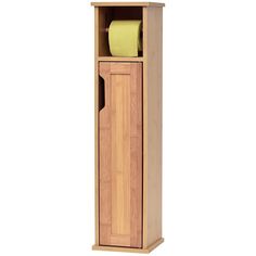 a wooden cabinet with a roll of toilet paper in it