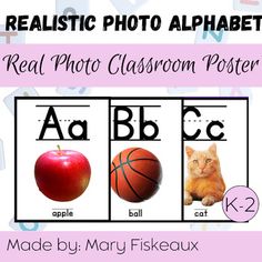 the real photo classroom poster has an apple, cat and basketball on it's side