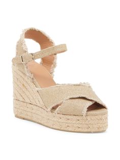 Castaer's Bromelia sandals are crafted of lightweight linen with a braided jute wedge heel. Linen upper Open toe Buckle closure Lining: Leather Rubber sole Made in Spain SIZE Wedge heel, 3.25 (80mm) Platform height, 1.25 Castaner Espadrilles, Floor Display, Espadrille Wedge, Womens Shoes Wedges, Espadrilles Wedges, Threading, Designer Outfits Woman, Wedge Heels, Trending Accessories