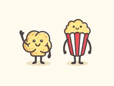 two cartoon popcorns with faces and arms, one holding a popcorn bag while the other holds