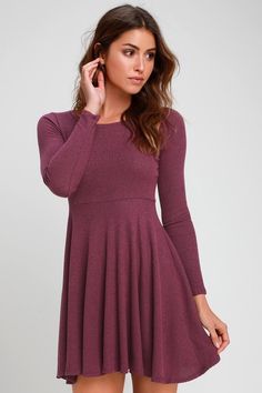 Lulus Exclusive! The Lulus Fit and Fair Mauve Purple Ribbed Knit Long Sleeve Skater Dress will have you looking cute as a button! This casual-meets-cute ribbed knit dress boasts charming details like a high rounded neckline and a flattering cinched and elasticized waist. Long sleeves frame the flared skater skirt. Fit: This garment fits true to size. Length: Above mid-thigh. Size small measures 33" from shoulder to hem. Bust: Great for any cup size. Waist: Fitted - stretchy fabric allows custom Burgundy Knit Sweater, Inexpensive Dresses, Knit Skater Dress, Long Sleeve Skater Dress, Floral Prom Dresses, Long Sleeve Tunic Dress, Mauve Purple, Dress Pleated, Skater Dresses