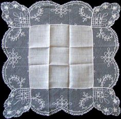 This vintage linen and lace wedding hankie has an embroidered net lace border featuring a small floral and trellis design. Measuring a little over 11 inches, and is eggshell or off white in color. This handkerchief is unused, but some of the embroidery along the edges has become a little loose, as seen in the photo. White Victorian Handkerchiefs With Lace Trim, Victorian White Handkerchiefs With Lace Trim, White Victorian Handkerchief With Lace Trim, Elegant Lace Handkerchiefs With Lace Trim, Vintage Lace Trim Handkerchiefs For Wedding, Vintage White Lace Handkerchiefs, Vintage Wedding Fabric And Notions With Lace Trim, Vintage White Handkerchiefs With Lace Trim, Vintage White Handkerchiefs With Lace Work