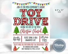 a toy drive flyer with christmas trees and lights on the side, in front of a white background