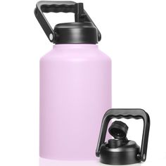 a pink water bottle next to a black carafe on a white background with clippings