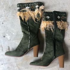 Never Worn Suede Olive Green Boots Bohemian Suede Winter Boots, Bohemian Winter Suede Boots, Bohemian Knee-high Boots For Fall, Bohemian Mid-calf Boots With Round Toe For Fall, Spring Bohemian Suede Boots, Bohemian Fitted Boots For Fall, Bohemian Mid-calf Boots For Fall, Bohemian Winter Boots With Round Toe, Bohemian Winter Boots With Pointed Toe