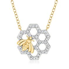 Ross-Simons - .25ct t. w. Diamond Honeycomb Bumblebee Necklace, Gold Over Sterling. 18". With a buzzy bumblebee perched on one side, this .25 ct. t. w. round brilliant-cut diamond honeycomb pendant necklace stylishly depicts a beautiful example of divine harmony in nature. Finely crafted in polished sterling silver and stationed on an 18kt yellow gold over sterling silver cable chain. Springring clasp, diamond honeycomb bumblebee pendant necklace. Diamond birthstones are the perfect gift for Apr Bumblebee Necklace, Harmony In Nature, Pendant Necklace Diamond, Bumble Bee Necklace, Diamond Birthstone, Diamond Jewelry Necklace, Fine Jewelery, Necklace Diamond, Round Brilliant Cut Diamond