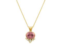 GURHAN, GURHAN Prism Gold Pendant Necklace, 18x16mm Facetted Oval, with Tourmaline and Diamond Tourmaline Pendant, Recycled Gold, Pink Stone, Pure Gold, Gold Pendant Necklace, 22k Gold, Diamond White, Gold Pendant, Tourmaline