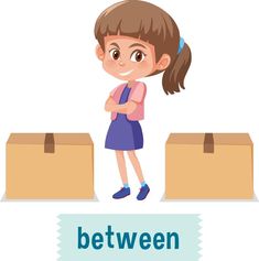 a girl standing next to two boxes with the words between on it and below her