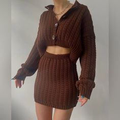 Two Piece Knitted Set The Jacket Is So Cozy And Comfortable As A Skirt I Wear It Only 2 Times And Love It Crochet Skirt And Cardigan Set, Crochet Winter Set, Crochet Fall Clothes, Clothing Sets Two Piece, Crochet Sets, Knitted Two Piece, Knit Two Piece Set, Crochet Winter, Crochet Fall