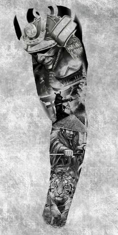 a black and white photo of a man's leg with many different tattoos on it