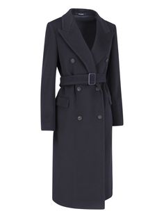 Tagliatore double-breasted coat - made exclusively for Sugar - in blue cashmere with peak lapels, button closure, removable adjustable waist belt, two front pockets, central back split, buttons on the cuffs, and straight hem. Composition: 100% Cashmere Luxury Double-breasted Peacoat With Button Closure, Luxury Business Peacoat With Button Closure, Luxury Business Peacoat With Double Button Closure, Luxury Business Peacoat, Designer Wool Coat With Double Button For Business, Luxury Office Peacoat With Double Button Closure, Luxury Double Button Peacoat For Work, Designer Double Button Peacoat For Work, Luxury Double-breasted Pea Coat For Office