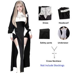 Cute Women Anime Nun Costume Cosplay Shows Outfit Sexy Ladies Halloween Performance Fancy Dress Up Sister Cos Uniform Material: Polyester,cotton Color: Black, As photo Show Size Chart Size Bust Waist Hips S Inch 31.5-33 26.7-27.5 32.6-33.8 cm 80-84 68-70 83-86 M Inch 33.4-34.6 27.5-29.9 33.8-35.4 cm 85-88 Gothic Fitted Costumes, Fitted Dress For Halloween Cosplay, White Fitted Cosplay Costume For Costume Party, Long Sleeve Sets For Cosplay Costume Party, Long Sleeve Sets For Costume Party And Cosplay Events, Fitted Gothic Cosplay Costume, Fitted Harajuku Style Halloween Dress, Black Stretch Cosplay Costume For Costume Party, Stretch Black Cosplay Costume For Halloween