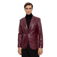 Create a suave look in this fine PU leather blazer with notched lapels and a slim, figure-hugging silhouette, making it a classy, easy-to-wear option that's a great addition to almost any outfit. Tailored from environmentally friendly materials and treated to resist stains and water for maximum longevity and durability. Men's Leather Jacket PU Leather Exterior Slim-Fit Notch Lapel Single-Breasted, Two-Button Closure 3 Exterior Pockets Dry Clean Only Imported Leather Blazer Men, Men Sport Coat, Mens Leather Blazer, Lambskin Leather Blazer, Black Leather Blazer, Blazer For Men, Hugging Silhouette, Men Sport, Types Of Jackets