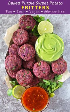 a plate filled with meat patties and guacamole next to a bowl of salsa