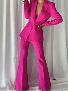 Interview Fits, Makeup Images, Tv Interview, Pant Suits, Pink Suit, Custom Made Clothing, Color Fuchsia, Wool Blend Jacket, Flared Pants