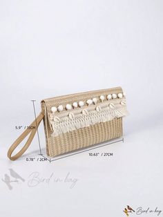 Bird in Bag - Pom and Shell Decorative Straw Bag Beige Rectangular Clutch For Shopping, Cream Rectangular Clutch For Daily Use, Beige Clutch Bag With Large Capacity, Beige Clutch With Large Capacity, Vacation Pouch Clutch With Adjustable Strap, Vacation White Clutch Shoulder Bag, Vacation Clutch Shoulder Bag With Removable Pouch, Vacation Shoulder Clutch Bag With Removable Pouch, Vacation Shoulder Clutch With Removable Pouch