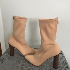 Never Worn Nude Colored Size 8 Lycra Boots By Ego With Back Zipper And 4.5” Heel. Casual Round Toe Fitted Heels, Casual Fitted Heels With Round Toe, Summer Heeled Boots With Round Toe, Spring High Ankle Heels With Padded Ankle, Ankle-high Fitted Casual Heels, Casual Ankle-high Fitted Heels, Fitted Ankle-high Casual Heels, Casual Heels With Medium Width And High Ankle, Casual High Ankle Heels With Medium Width