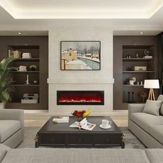 a living room with two couches and a coffee table in front of a fireplace