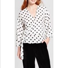 Nwot. Never Worn. Black And White Polka Dot Chiffon Wrap Blouse. Size Small Chic Polka Dot Blouse For Workwear, Chic Polka Dot Tops For Work, Long Sleeve Polka-dot Blouse For Brunch, Polka Dot Long Sleeve Blouse For Brunch, Long Sleeve Polka Dot Blouse For Brunch, Chic Polka Dot Blouse For Spring, Fitted Polka Dot Blouse For Brunch, Chic V-neck Polka Dot Blouse, Chic Polka Dot Blouse For Brunch