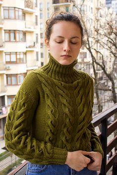 "Long sleeve cable knit sweater crop in a khaki colour, with a wide high neck rise collar. Cableknit turtleneck cozy sweater boho. Cropped cozy cable knit jumper with an edgy modern look - featuring a high neck, long sleeves and ribbed trim. Short warm sweater comfortable. Material: merino wool, PA golden olive color Width : 21\" Length: 18\" Sleeves: 19\" Size will fit sizes 10-12 US. READY TO SHIP Handwash it gently in cold water. No use of fabric softener, lay flat to dry, do not iron, do not Knit Sweater Turtleneck, Long Sweater Outfits, Cable Knit Turtleneck, Sweater Boho, Khaki Colour, Fuzzy Pullover, Boho Sweater, Trendy Sweaters, Cable Knit Jumper