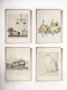 four drawings are hanging on the wall in front of each other, including an owl