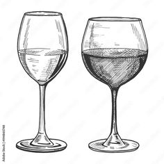 two glasses of wine hand drawn in ink on white paper, set of two different sizes