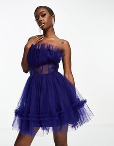 Lace and Beads tulle bandeau mini dress with sheer waist detail in blue | ASOS Strapless Tulle Mini Dress For Prom Season, Strapless Tulle Mini Dress For Prom, Chic Strapless Tulle Corset Dress, Blue Strapless Corset Dress, Strapless Mesh Dress For Night Out, Mini Dress With Sheer Bodice And Tulle, Strapless Tulle Dress For Cocktail, Strapless Mini Dress With Tulle Skirt For Prom, Summer Strapless Mini Dress With Sheer Bodice