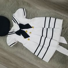 Super Cute For Dress-Up Or Halloween! New Without Tags Fitted Sailor Dress With Short Sleeves, Sailor Style Short Sleeve Fitted Dress, White Cotton School Dress, White Cotton Dresses For School, White Short Sleeve Costume Dress, White Long Sleeve Halloween Dress, White Long Sleeve Dress For Halloween, Long Sleeve White Dress For Halloween, Sailor Style White Cotton Dress