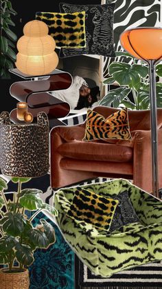 a collage of animal print furniture and accessories in black, green, orange, yellow and white