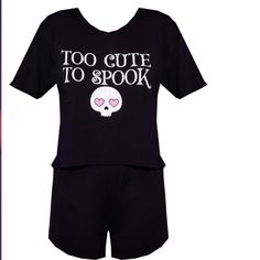 Ship In The Same Day Or Within 24 Hours. Size: Small (Uk) Color: Black Cnb7103 This Pj Set Is Perfect For Your Spooky Season Plans Doll. Featuring A Top And Bottoms Set In A Black Material With A 'Too Cute To Spook' Print, We're In Love. Just Add Your Fave Slippers To Elevate The Look Further. Top Length Approx 33cm/13" (Based On A Sample Size S) Bottoms Length Approx 33cm/13" (Based On A Sample Size S) Model Wears Size S Model Height - 5ft 9" Black Letter Print Sleepwear For Loungewear, Black Letter Print Sleepwear, Black Stretch Summer Sleepwear, Stretch Black Pajama Shorts For Loungewear, Black Stretch Pajama Shorts For Loungewear, Black Pajama Shorts For Summer Nights, Black Stretch Cotton Sleepwear, Black Short Sleeve Cotton Sleepwear, Black Summer Bottoms For Night