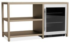 a white and brown shelf with an open door on it's side, in front of a white background