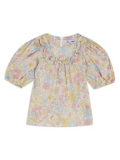 multicolour multicolour signature Liberty fabric scoop neck short puff sleeves pleat detailing concealed rear zip fastening straight hem Summer Cotton Puff Sleeve Top, Cotton Puff Sleeve Top For Summer, Spring Cotton Puff Sleeve Top With Short Sleeves, Spring Multicolor Tops With All Over Print, Multicolor Tops With All Over Print For Spring, Spring Short Sleeve Tops With All Over Print, Fitted Floral Print Puff Sleeve Top, Casual Multicolor Floral Print Puff Sleeve Top, Pink Puff Sleeve Top With Floral Print