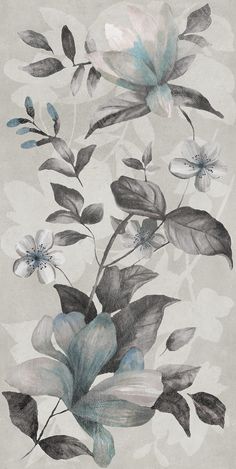 a drawing of flowers and leaves on a gray background