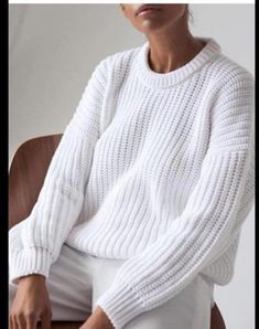 White sweater Chic Winter Sweater With Ribbed Cuffs, Chic Crew Neck Sweater With Ribbed Cuffs, Oversized White Sweater For Winter, White Crew Neck Knit Sweater, Oversized White Long Sleeve Sweater, Casual White Winter Sweater, White Knitted Crew Neck Sweater, White Knit Crew Neck Sweater, White Knit Cardigan With Crew Neck