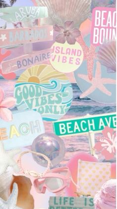 a collage of beach signs, shells and seashells