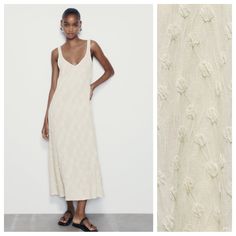 Nwt. Zara Ecru Textured Strappy V-Neck Midi Dress With Straps, Raised Textured Fabric. Size L. Ref. 4770/450. Pit To Pit 19" Flat, Waist 18", Length 51". L Casual Neutral V-neck Maxi Dress, Feminine Cream V-neck Midi Dress, Off-white V-neck Midi Dress For Spring, Chic Off-white V-neck Maxi Dress, Off White V-neck Midi Dress For Spring, Off White V-neck Maxi Dress For Spring, Summer Neutral V-neck Midi Dress, Neutral V-neck Midi Dress For Summer, Chic Off White V-neck Maxi Dress