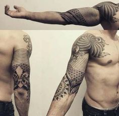 two pictures of the same man's arm and shoulder with tattoos on each arm